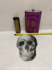 MaxSold Auction: Novelty Drinkware & Décor Lot – Glitter Flask, Travel Mug & Skull Plate - Vancouver (British Columbia, Canada) SELLER MANAGED Reseller Online Auction - East 7th Avenue (STORAGE)