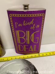 MaxSold Auction: Novelty Drinkware & Décor Lot – Glitter Flask, Travel Mug & Skull Plate - Vancouver (British Columbia, Canada) SELLER MANAGED Reseller Online Auction - East 7th Avenue (STORAGE)