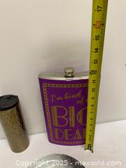 MaxSold Auction: Novelty Drinkware & Décor Lot – Glitter Flask, Travel Mug & Skull Plate - Vancouver (British Columbia, Canada) SELLER MANAGED Reseller Online Auction - East 7th Avenue (STORAGE)