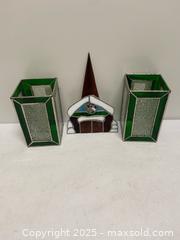 MaxSold Auction: Stained Glass Church Panel with Matching Green Candle Holders (3-Piece Set) - Vancouver (British Columbia, Canada) SELLER MANAGED Reseller Online Auction - East 7th Avenue (STORAGE)