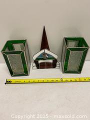MaxSold Auction: Stained Glass Church Panel with Matching Green Candle Holders (3-Piece Set) - Vancouver (British Columbia, Canada) SELLER MANAGED Reseller Online Auction - East 7th Avenue (STORAGE)