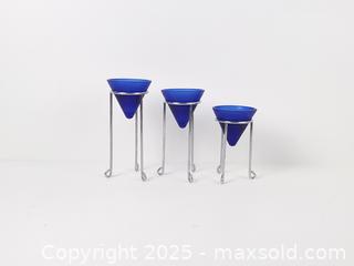 MaxSold Auction: Vintage Cobalt Blue Glass Votive Candle Holders with Chrome Stands, Set of 3 - Toronto (Ontario, Canada) SELLER MANAGED Downsizing Online Auction - Esandar Drive (STORAGE)