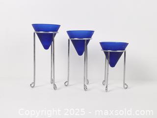 MaxSold Auction: Vintage Cobalt Blue Glass Votive Candle Holders with Chrome Stands, Set of 3 - Toronto (Ontario, Canada) SELLER MANAGED Downsizing Online Auction - Esandar Drive (STORAGE)