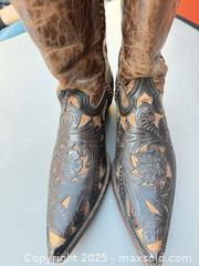 MaxSold Auction: Tooled Leather Western Cowboy Boots, Size 10 D, Two-Tone Brown - Los Angeles (California, USA) PARTNER MANAGED Downsizing Online Auction - West 88th Place