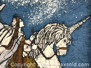 MaxSold Auction: Framed Batik Fabric of a Woman and Unicorn - Campbell (California, USA) SHORT NOTICE PARTNER MANAGED Estate Sale Online Auction - Dell Ave.