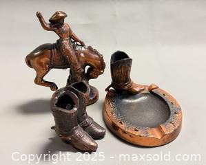 MaxSold Auction: (3) Vintage Copper Cowboy Themed Decorative Pieces (Cowboy Bucking Bronco Statue, Cowboy Boots & Boot & Horseshoe Ashtray) - Toronto (Ontario, Canada) PARTNER MANAGED Reseller Online Auction - Queen Street Wt.