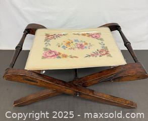 MaxSold Auction: Vintage European Folding Tapestry Footrest / Bench & Folding Wood & Fabric Craft Basket  - Toronto (Ontario, Canada) PARTNER MANAGED Reseller Online Auction - Queen Street Wt.