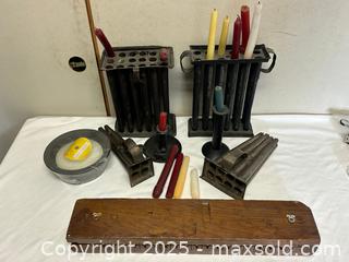 MaxSold Auction: Early 20th Century Metal Candle Molds & Wooden Holder with Candles - Livermore (California, USA) SELLER MANAGED Estate Sale Online Auction - Hansen Road