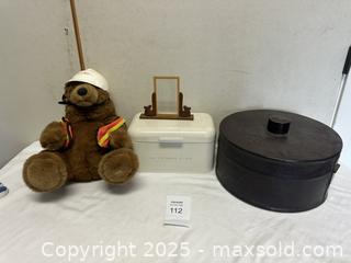 MaxSold Auction: Lot of 4 Assorted Items: Plush Bear, Bread Box, Mirror, Hat Box - Livermore (California, USA) SELLER MANAGED Estate Sale Online Auction - Hansen Road