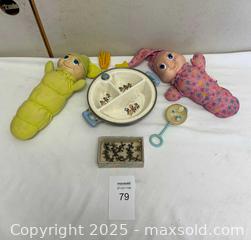 MaxSold Auction: Lot of Vintage Baby Toys & Items: Plush Dolls, Plate, Rattle, Jacks - Livermore (California, USA) SELLER MANAGED Estate Sale Online Auction - Hansen Road