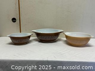 MaxSold Auction: Pyrex 3-Piece Vintage Floral Mixing Bowl Set, Brown - Livermore (California, USA) SELLER MANAGED Estate Sale Online Auction - Hansen Road