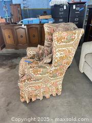 MaxSold Auction: Floral Medallion Tapestry Wingback Skirted Armchair - C - Allentown (Pennsylvania, USA) SELLER MANAGED Moving Online Auction -  South Fulton Street