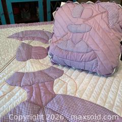 MaxSold Auction: 1970s Hand-Stitched Sunbonnet Sue Quilt & Pillow – Lilac & Gingham - London (Ontario, Canada) PARTNER MANAGED Downsizing Online Auction - Trillium Crescent