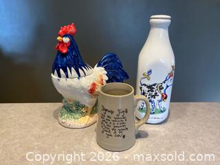 MaxSold Auction: English Stoneware Syrup Jug, Québec Milk Bottle, Roster Chicken Jar - London (Ontario, Canada) PARTNER MANAGED Downsizing Online Auction - Trillium Crescent