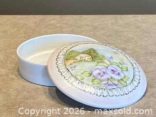 MaxSold Auction: Hand-Painted Limoges Porcelain Covered Trinket Box – Floral & Cottage Scene - London (Ontario, Canada) PARTNER MANAGED Downsizing Online Auction - Trillium Crescent