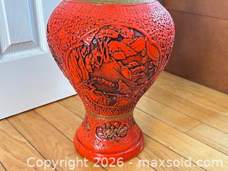 MaxSold Auction: Large 1960s Chinoiserie-Style Vase – Orange with Black & Gold Details - London (Ontario, Canada) PARTNER MANAGED Downsizing Online Auction - Trillium Crescent