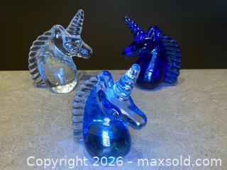 MaxSold Auction: Set of Three Art Glass Unicorn Figurines – Blue & Clear Glass - London (Ontario, Canada) PARTNER MANAGED Downsizing Online Auction - Trillium Crescent
