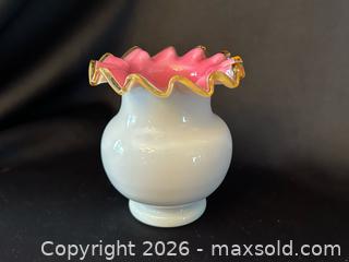 MaxSold Auction: Uranium Custard Glass Cased Pink and Amber Applied Rim Vase - London (Ontario, Canada) PARTNER MANAGED Downsizing Online Auction - Trillium Crescent