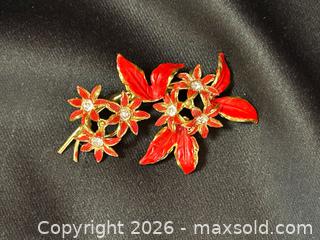 MaxSold Auction: Vintage Austrian Enamel Floral Brooch – Red Flowers & Leaves, Rhinestone Centers - London (Ontario, Canada) PARTNER MANAGED Downsizing Online Auction - Trillium Crescent