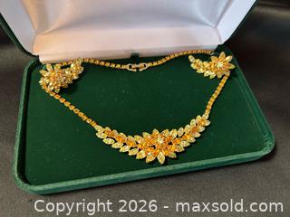 MaxSold Auction: Vintage Orange & Clear Rhinestone Necklace with Clip-On Earrings Set 15” L Green Boxed - London (Ontario, Canada) PARTNER MANAGED Downsizing Online Auction - Trillium Crescent