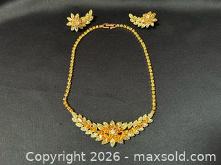 MaxSold Auction: Vintage Orange & Clear Rhinestone Necklace with Clip-On Earrings Set 15” L Green Boxed - London (Ontario, Canada) PARTNER MANAGED Downsizing Online Auction - Trillium Crescent