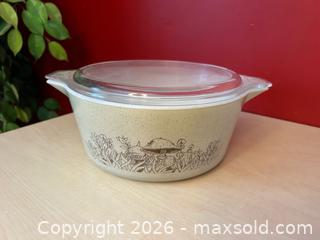 MaxSold Auction: Vintage Pyrex “Forest Fancy” Mushroom Casserole Dish with Lid – 2.5L (475-B) - London (Ontario, Canada) PARTNER MANAGED Downsizing Online Auction - Trillium Crescent