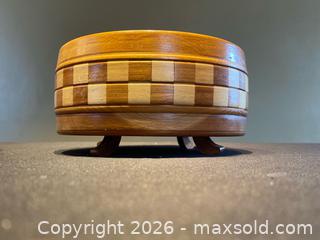 MaxSold Auction: Vintage Round Wooden Box with Checkerboard Inlay – Raised Feet - London (Ontario, Canada) PARTNER MANAGED Downsizing Online Auction - Trillium Crescent