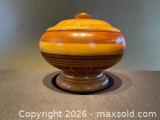 MaxSold Auction: Vintage Turned Wooden Lidded Bowl – Inlaid Banding – Pedestal Base - London (Ontario, Canada) PARTNER MANAGED Downsizing Online Auction - Trillium Crescent