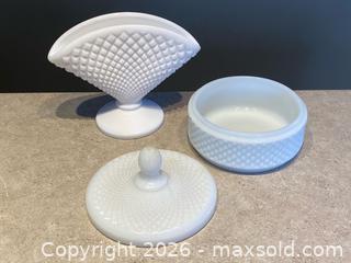 MaxSold Auction: Vintage Westmoreland White Milk Glass Set: Fan Vase & Lidded Powder/Candy Dish - London (Ontario, Canada) PARTNER MANAGED Downsizing Online Auction - Trillium Crescent