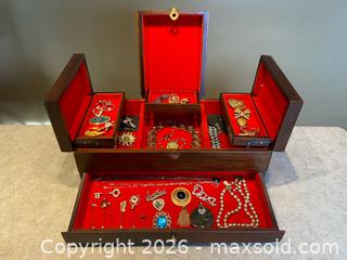 MaxSold Auction: Vintage Wooden Jewelry Box with Red Velvet Interior — Includes Jewelry Collection - London (Ontario, Canada) PARTNER MANAGED Downsizing Online Auction - Trillium Crescent