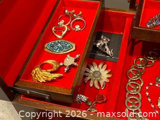 MaxSold Auction: Vintage Wooden Jewelry Box with Red Velvet Interior — Includes Jewelry Collection - London (Ontario, Canada) PARTNER MANAGED Downsizing Online Auction - Trillium Crescent