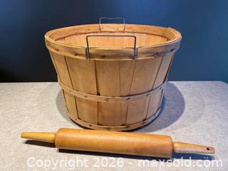 MaxSold Auction: Wooden Bushel Basket with Metal Handles & Wooden Rolling Pin - London (Ontario, Canada) PARTNER MANAGED Downsizing Online Auction - Trillium Crescent