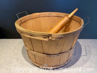 MaxSold Auction: Wooden Bushel Basket with Metal Handles & Wooden Rolling Pin - London (Ontario, Canada) PARTNER MANAGED Downsizing Online Auction - Trillium Crescent