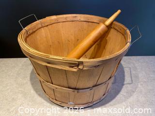 MaxSold Auction: Wooden Bushel Basket with Metal Handles & Wooden Rolling Pin - London (Ontario, Canada) PARTNER MANAGED Downsizing Online Auction - Trillium Crescent