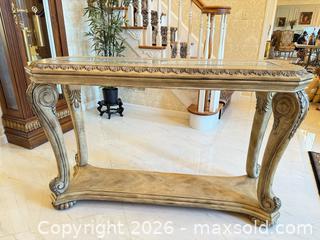 MaxSold Auction: Distressed Beige Carved Wood Entry Table with Glass Inset (2 available) - Greenburgh (New York, USA) SELLER MANAGED Moving Online Auction -  Sprain Road