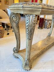 MaxSold Auction: Distressed Beige Carved Wood Entry Table with Glass Inset (2 available) - Greenburgh (New York, USA) SELLER MANAGED Moving Online Auction -  Sprain Road
