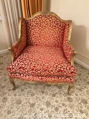 MaxSold Auction: French Louis XV Gilt Wood Armchair with Red Gold Brocade Upholstery - Greenburgh (New York, USA) SELLER MANAGED Moving Online Auction -  Sprain Road