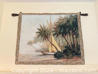 MaxSold Auction: Tropical Sailboat Woven Wall Tapestry, 42 x 34 in - Greenburgh (New York, USA) SELLER MANAGED Moving Online Auction -  Sprain Road