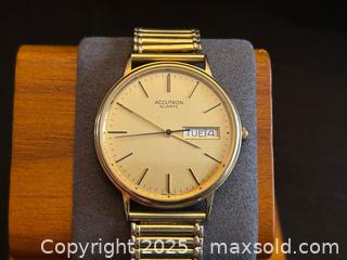 MaxSold Auction: Vintage Men's Bulova Accutron 14K Gold Swiss Quartz Watch - Day/Date - St. Thomas (Ontario, Canada) PARTNER MANAGED Estate Sale Online Auction - Lake Margaret Trail