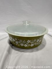 MaxSold Auction: Vintage Pyrex Round Covered Casserole — Olive Green Daisy - Frederick (Maryland, USA) PARTNER MANAGED Reseller Online Auction - English Muffin Way