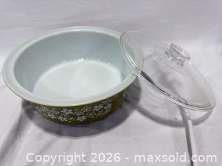MaxSold Auction: Vintage Pyrex Round Covered Casserole — Olive Green Daisy - Frederick (Maryland, USA) PARTNER MANAGED Reseller Online Auction - English Muffin Way