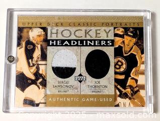 MaxSold Auction: JOE THORNTON AND SERGEI SAMSONOV GAME USED JERSEY SWATCH CARD - Kingston (Ontario, Canada) SELLER MANAGED Downsizing Online Auction - Rosemund Crescent