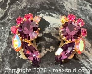 MaxSold Auction: Vintage 1960s Fancy Gold Clip-On Earrings with Purple & Pink Rhinestones - Pickering (Ontario, Canada) PARTNER MANAGED Reseller Online Auction -  Granite Court
