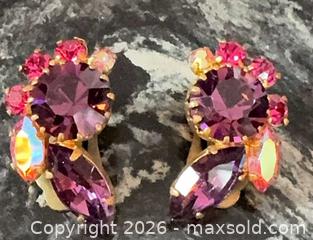 MaxSold Auction: Vintage 1960s Fancy Gold Clip-On Earrings with Purple & Pink Rhinestones - Pickering (Ontario, Canada) PARTNER MANAGED Reseller Online Auction -  Granite Court