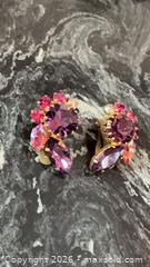 MaxSold Auction: Vintage 1960s Fancy Gold Clip-On Earrings with Purple & Pink Rhinestones - Pickering (Ontario, Canada) PARTNER MANAGED Reseller Online Auction -  Granite Court