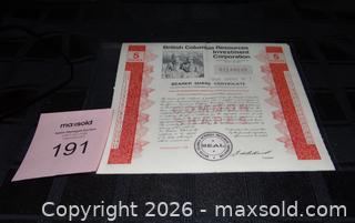 MaxSold Auction: British Columbia Resources Investment Corporation Bearer Share Certificate - New Westminster (British Columbia, Canada) SELLER MANAGED Downsizing Online Auction - Eighth Street