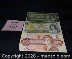 MaxSold Auction: Lot of 3 Bank of Canada $1 and $2 Banknotes (1967–1973) - New Westminster (British Columbia, Canada) SELLER MANAGED Downsizing Online Auction - Eighth Street