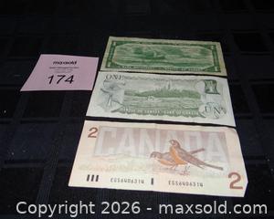 MaxSold Auction: Lot of 3 Bank of Canada $1 and $2 Banknotes (1967–1973) - New Westminster (British Columbia, Canada) SELLER MANAGED Downsizing Online Auction - Eighth Street
