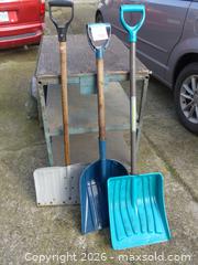MaxSold Auction: Lot of 3 Snow/Scoop Shovels, Plastic & Metal Blades, Wood Handles - New Westminster (British Columbia, Canada) SELLER MANAGED Downsizing Online Auction - Eighth Street