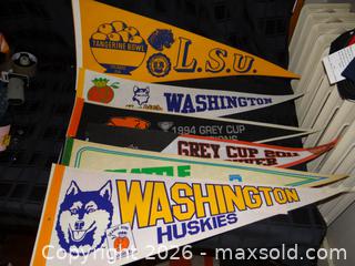 MaxSold Auction: Lot of 9 Vintage Felt Pennants — College & CFL Designs - New Westminster (British Columbia, Canada) SELLER MANAGED Downsizing Online Auction - Eighth Street